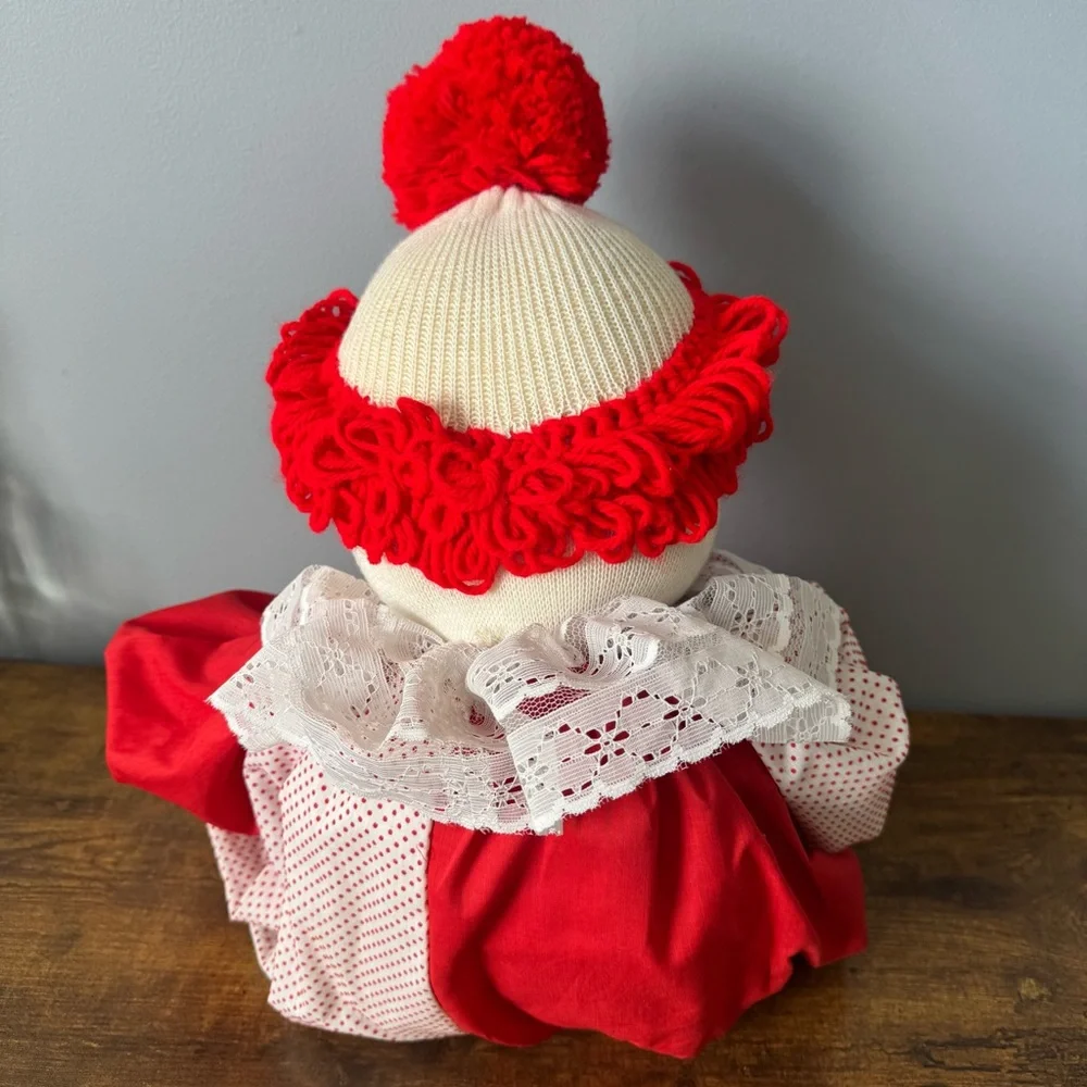 Vintage Large 26‎ Inch Cloth Clown Doll Red White Polka Dot Lace Yarn Hair